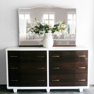 White Mid Century Dresser with Stained Drawer Fronts